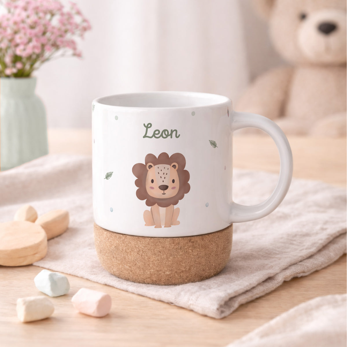 Personalisierte Tasse Korkboden "Löwe"