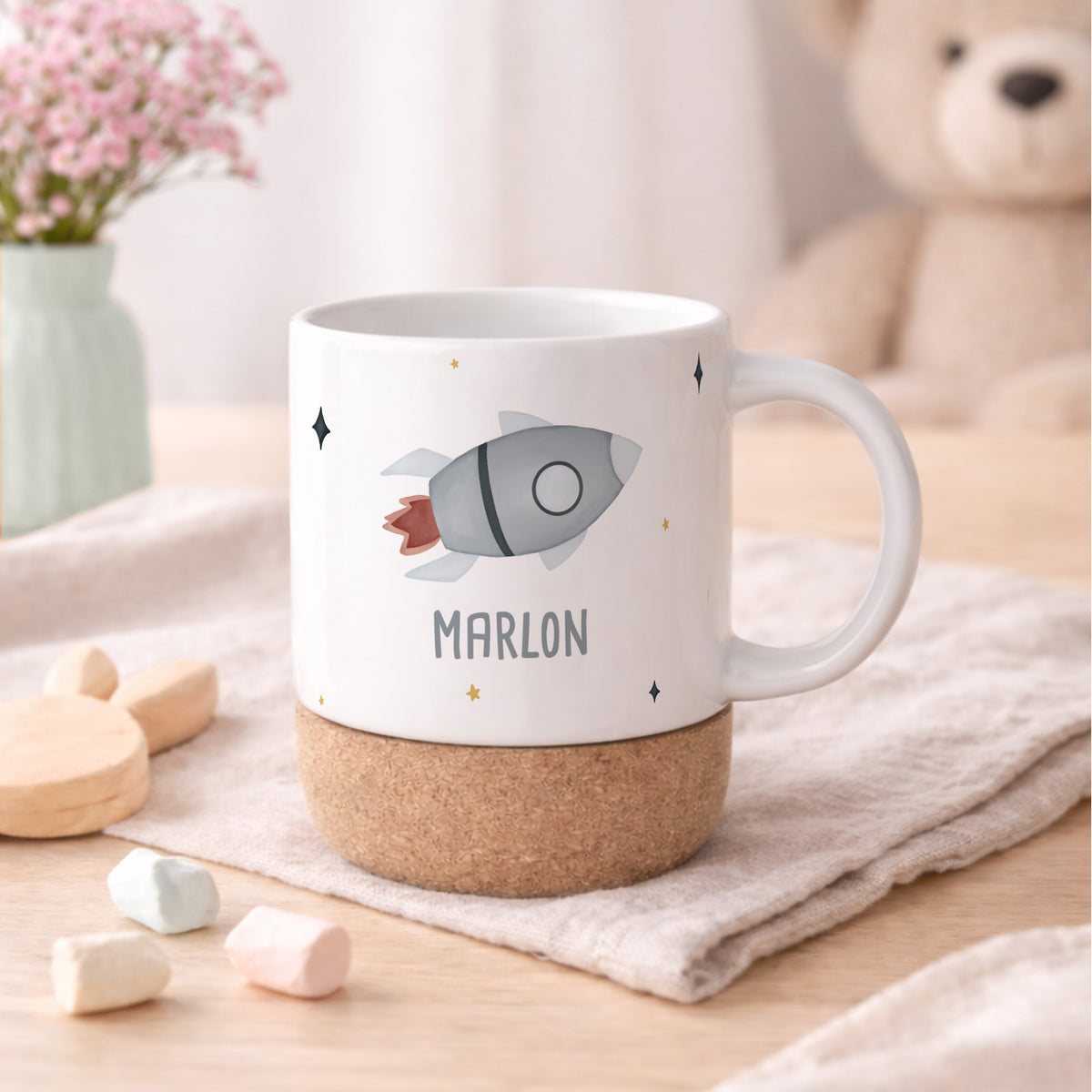 Personalisierte Tasse Korkboden "Rakete"