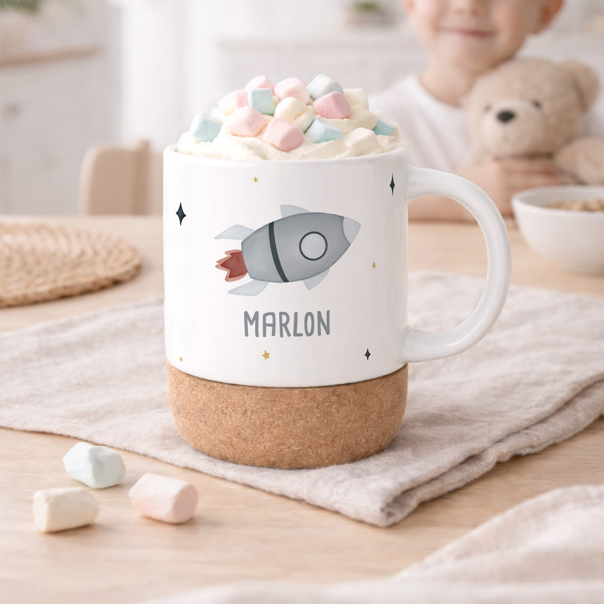 Personalisierte Tasse Korkboden "Rakete"