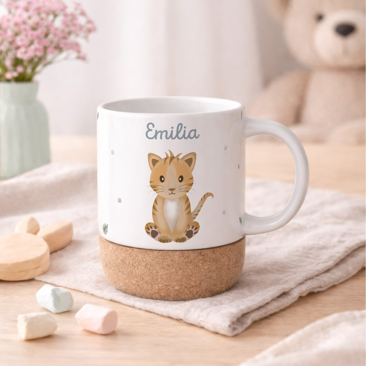 Personalisierte Tasse Korkboden "Tiger"
