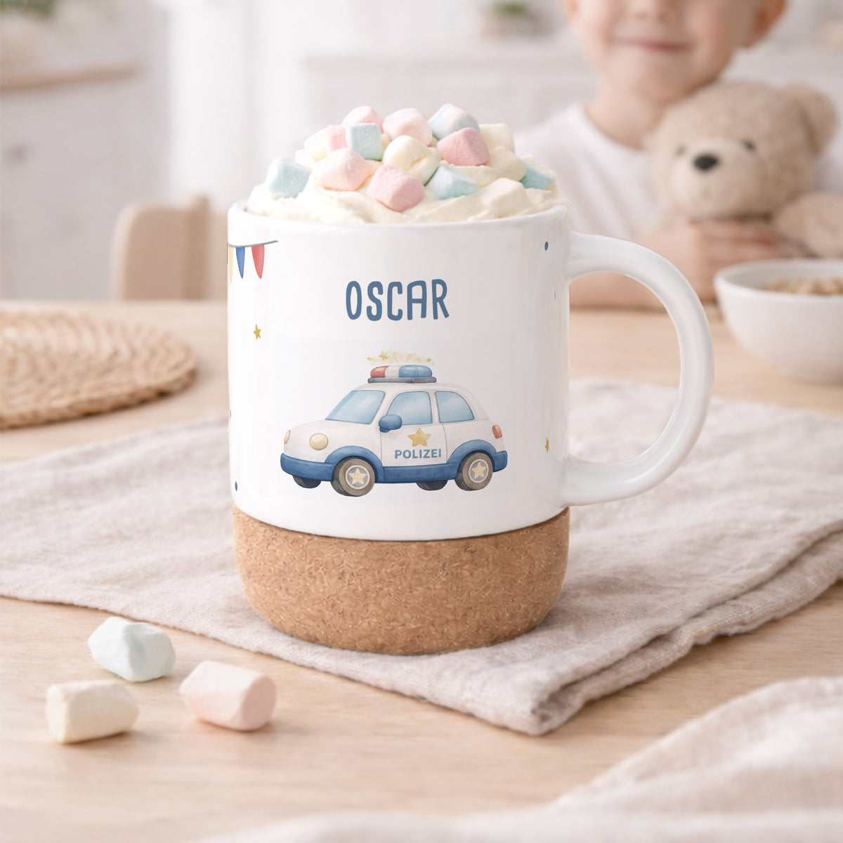 Personalisierte Tasse Korkboden "Polizeiauto"