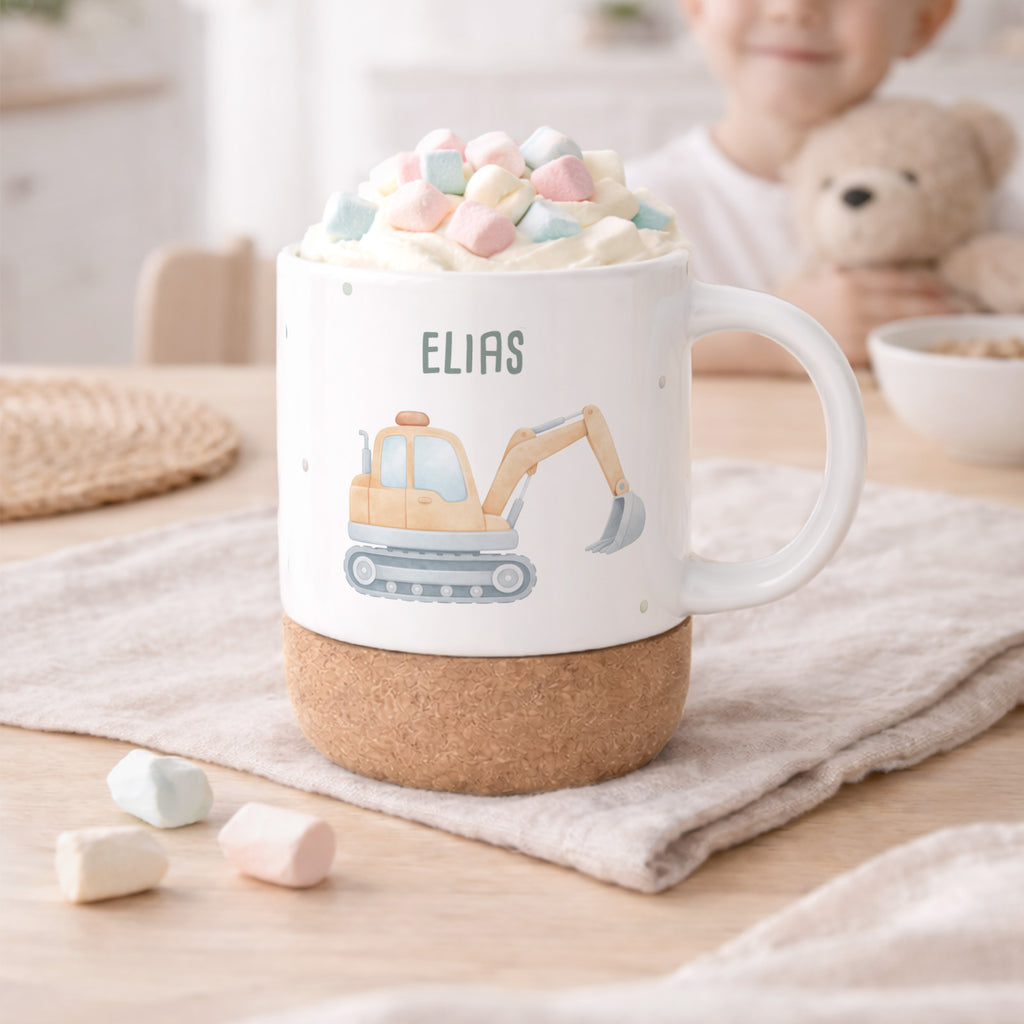 Personalisierte Tasse Korkboden "Bagger"