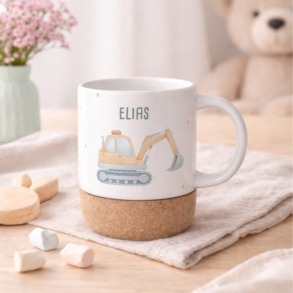 Personalisierte Tasse Korkboden "Bagger"