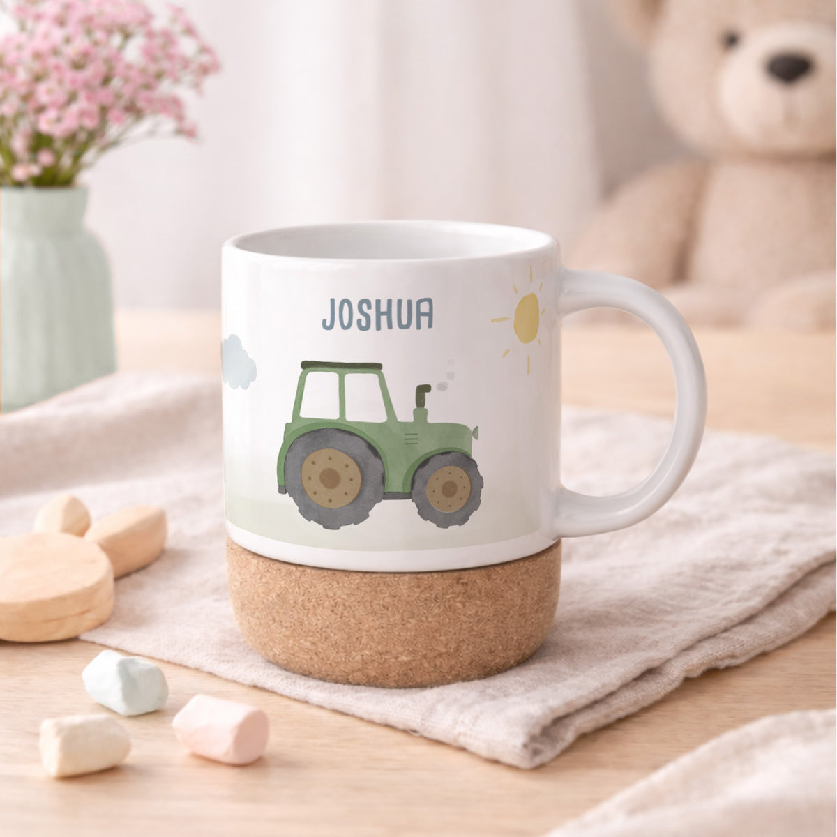 Personalisierte Tasse Korkboden "Traktor"