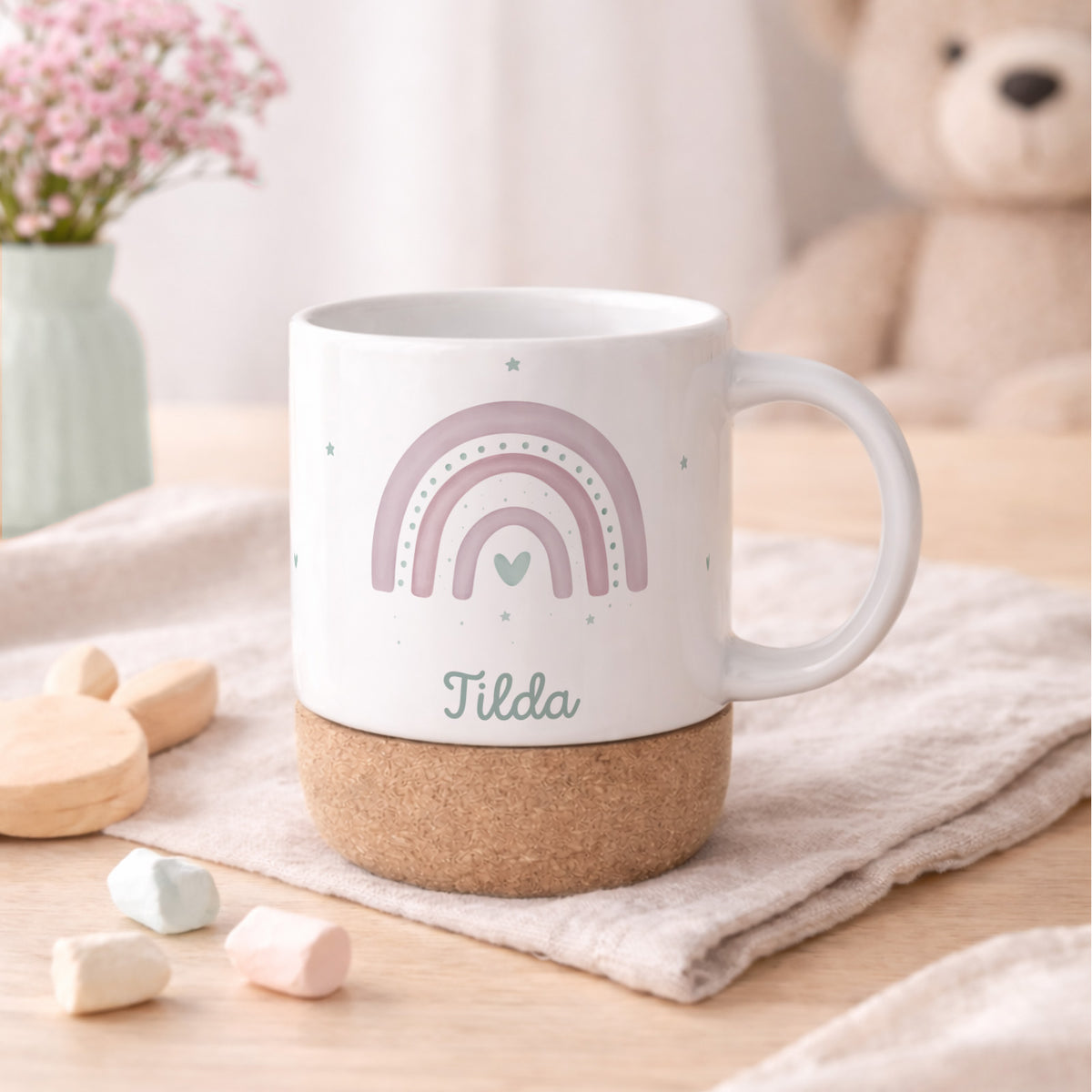 Personalisierte Tasse Korkboden "Regenbogen Rosa"