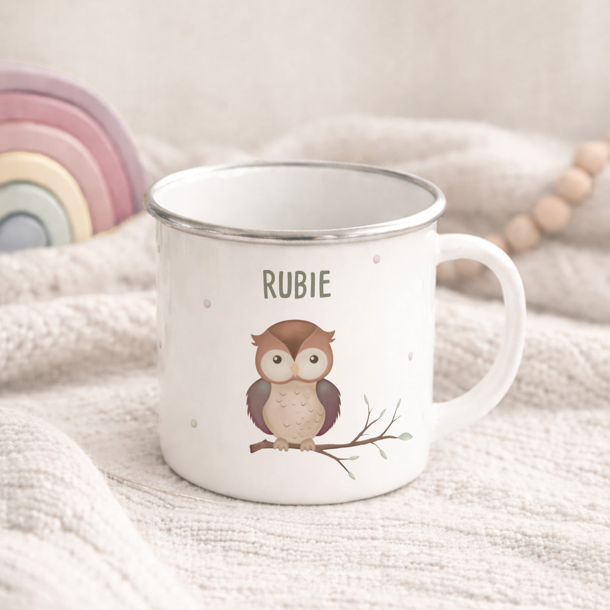 Personalisierte Emaille-Tasse Motiv Eule