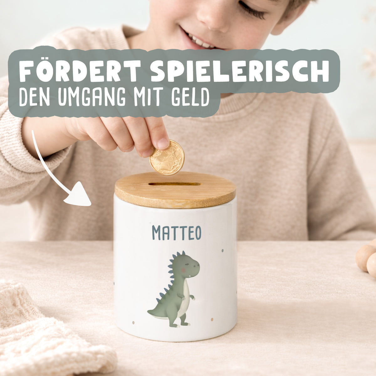 Keramik-Spardose mit Bambus-Deckel für Kinder "Dinowelt"