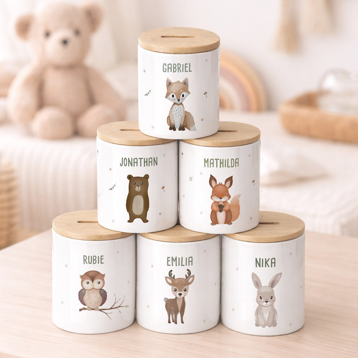 Keramik-Spardose mit Bambus-Deckel für Kinder "Dinowelt"