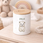 Keramik-Spardose mit Bambus-Deckel für Kinder "Eisbär"