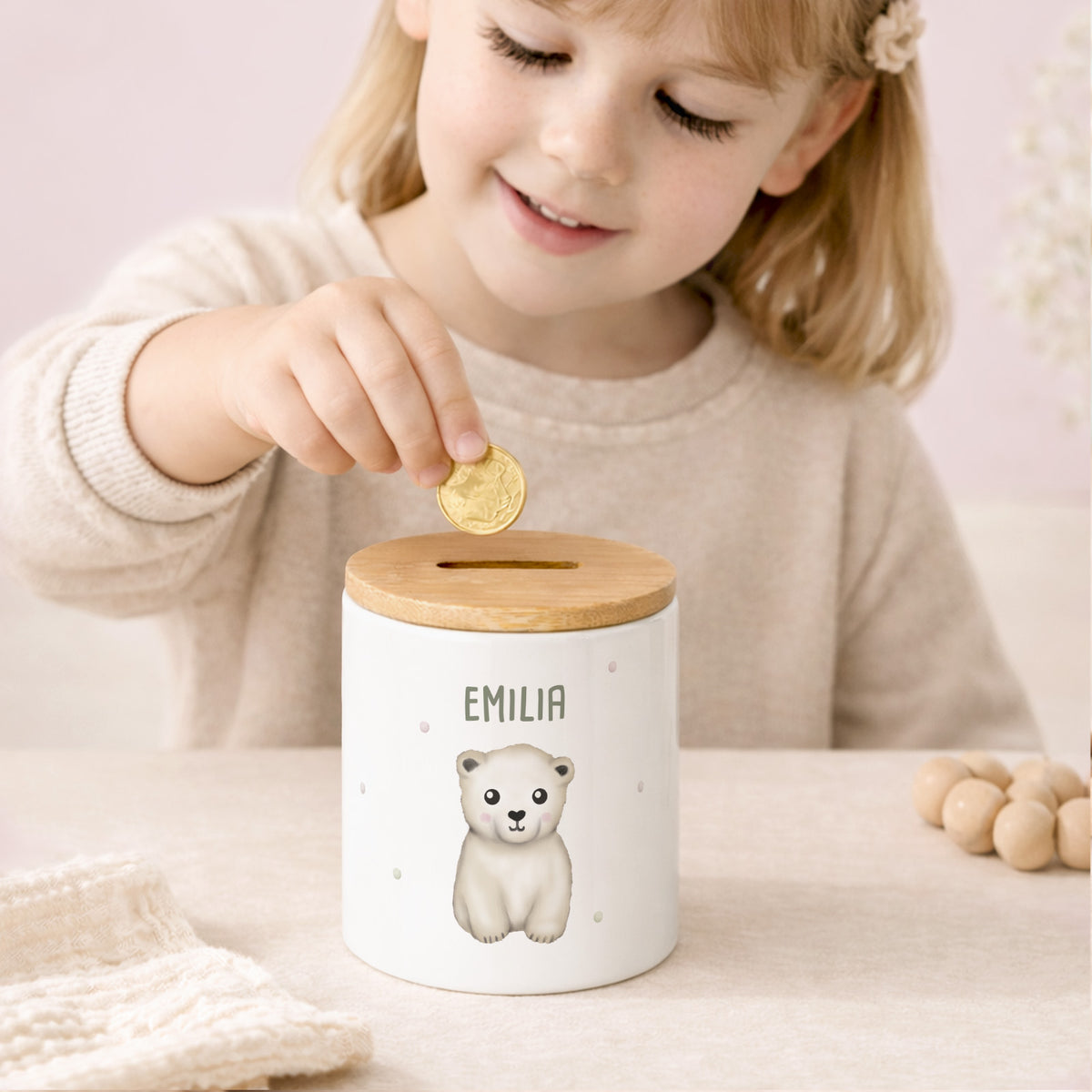 Keramik-Spardose mit Bambus-Deckel für Kinder "Eisbär"
