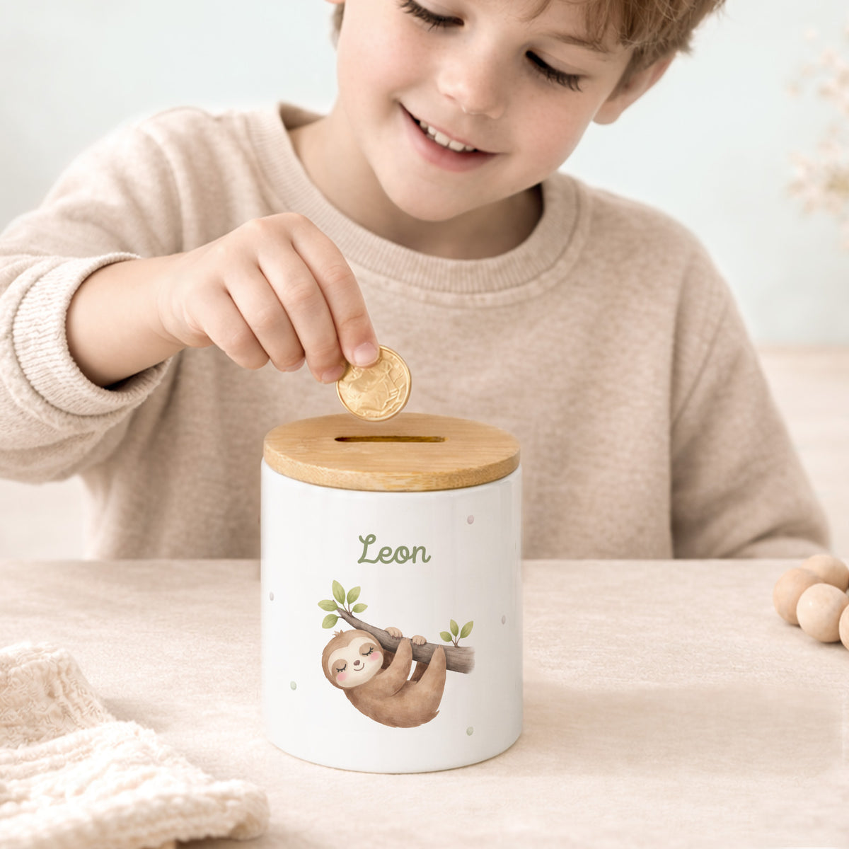 Keramik-Spardose mit Bambus-Deckel für Kinder "Faultier"