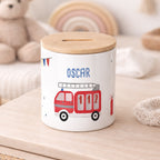 Keramik-Spardose mit Bambus-Deckel für Kinder "Feuerwehr"