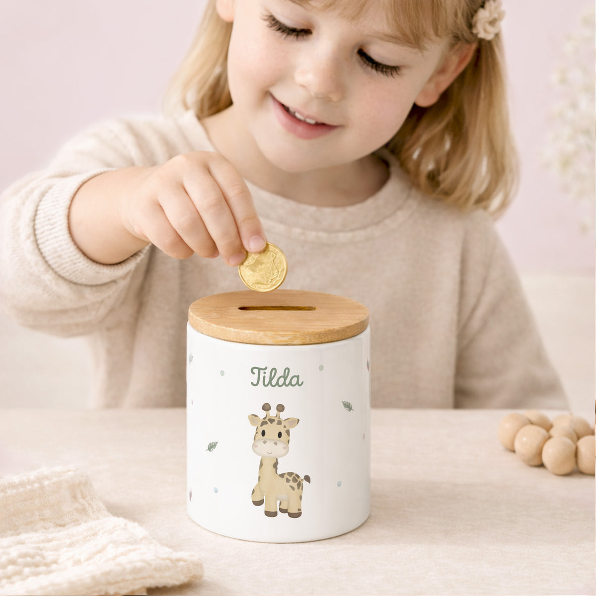 Keramik-Spardose mit Bambus-Deckel für Kinder "Giraffe"