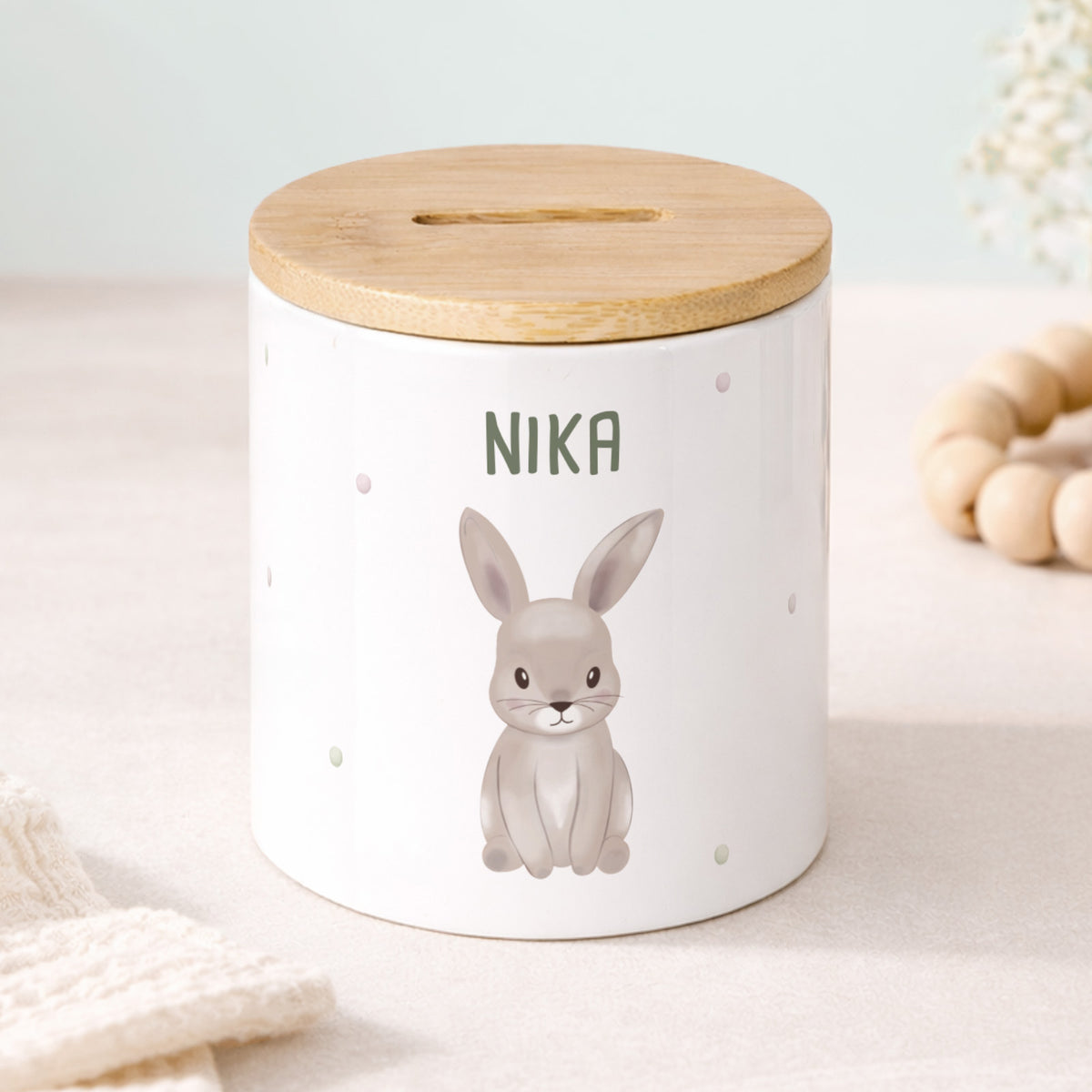 Keramik-Spardose mit Bambus-Deckel für Kinder "Hase"
