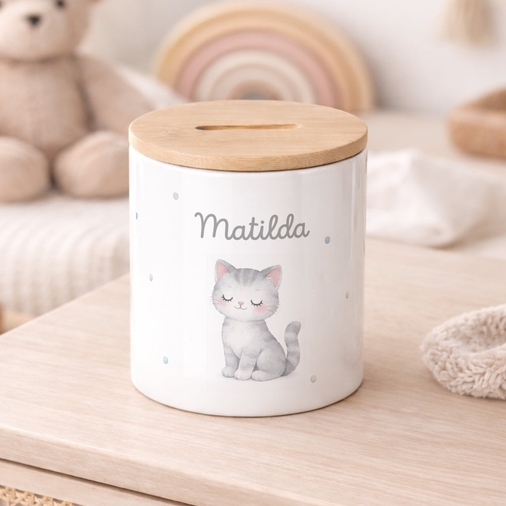 Keramik-Spardose mit Bambus-Deckel für Kinder "Katze"