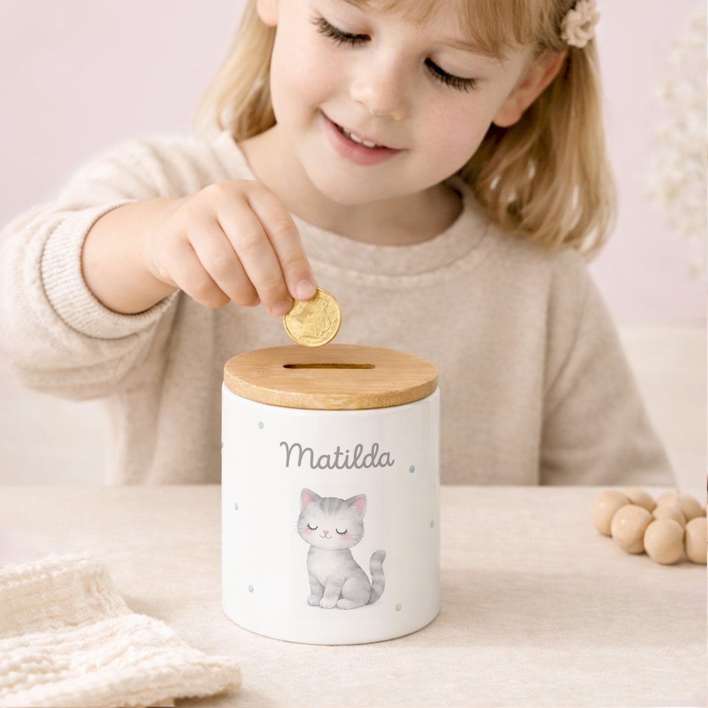Keramik-Spardose mit Bambus-Deckel für Kinder "Katze"