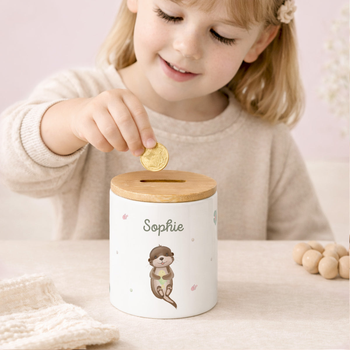 Keramik-Spardose mit Bambus-Deckel für Kinder "Otter"