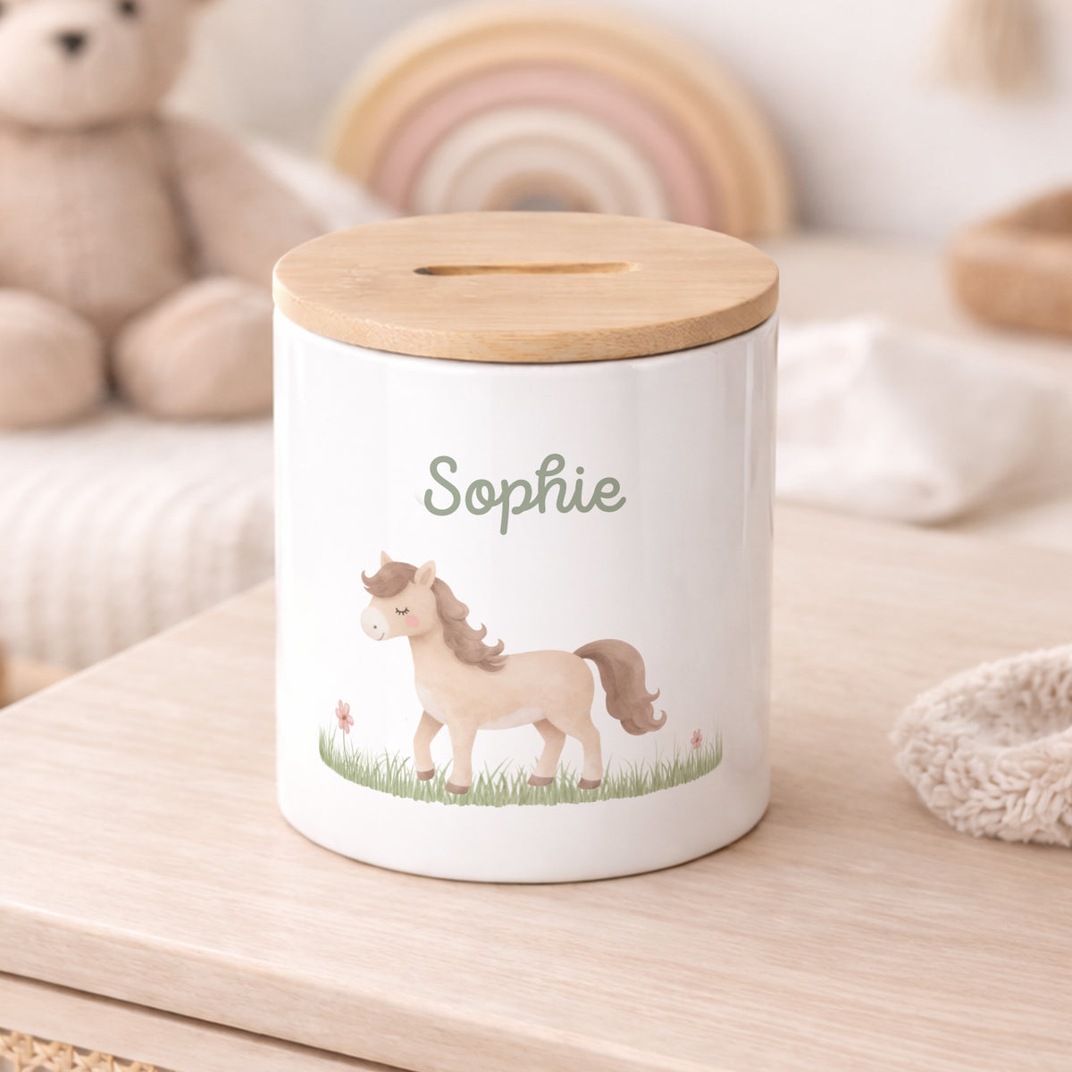 Keramik-Spardose mit Bambus-Deckel für Kinder "Pferd"