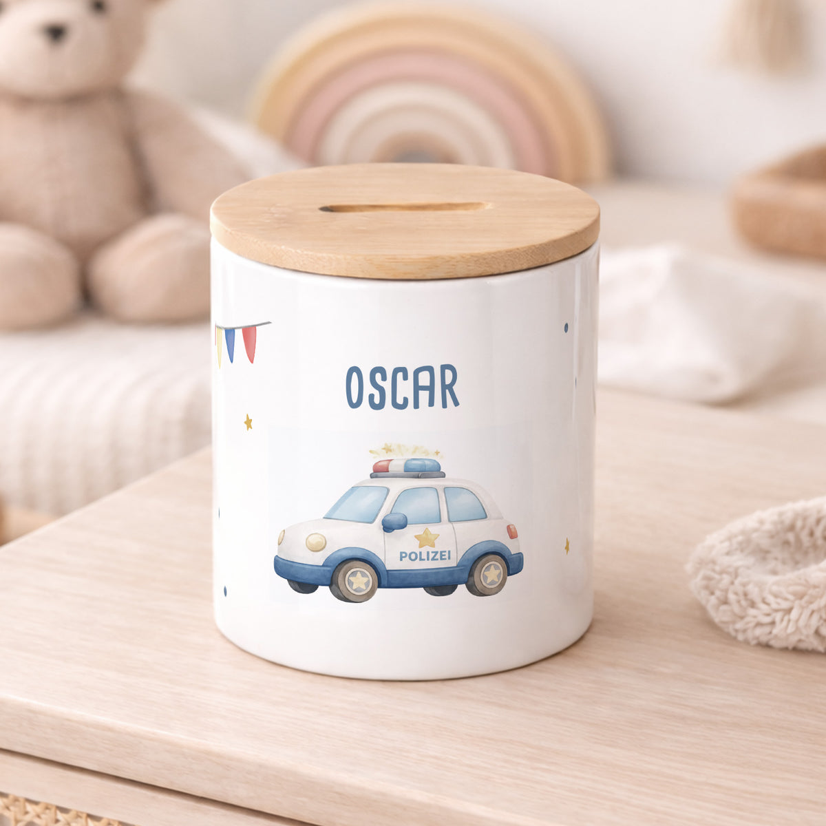 Keramik-Spardose mit Bambus-Deckel für Kinder "Polizeiauto"