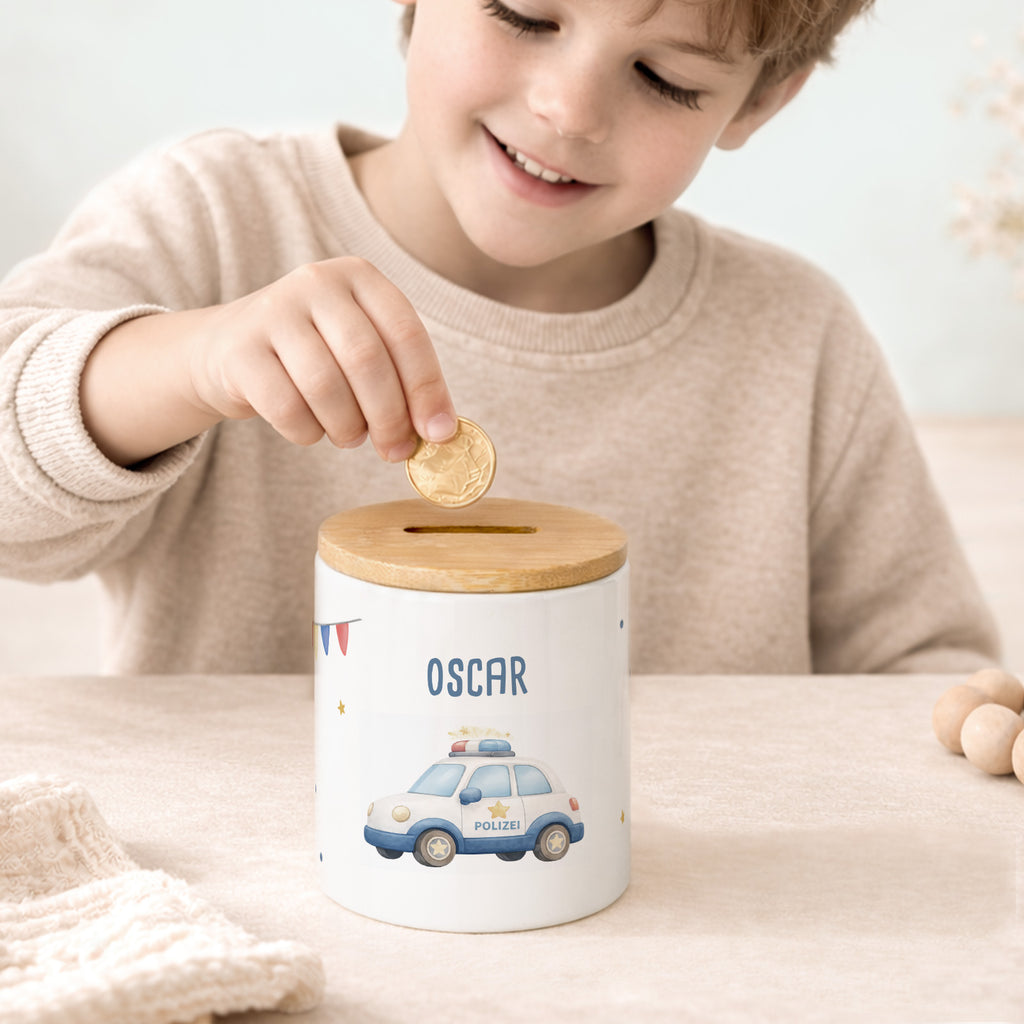 Keramik-Spardose mit Bambus-Deckel für Kinder "Polizeiauto"