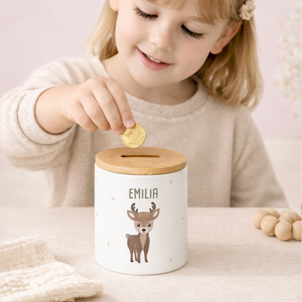 Keramik-Spardose mit Bambus-Deckel für Kinder "Reh"
