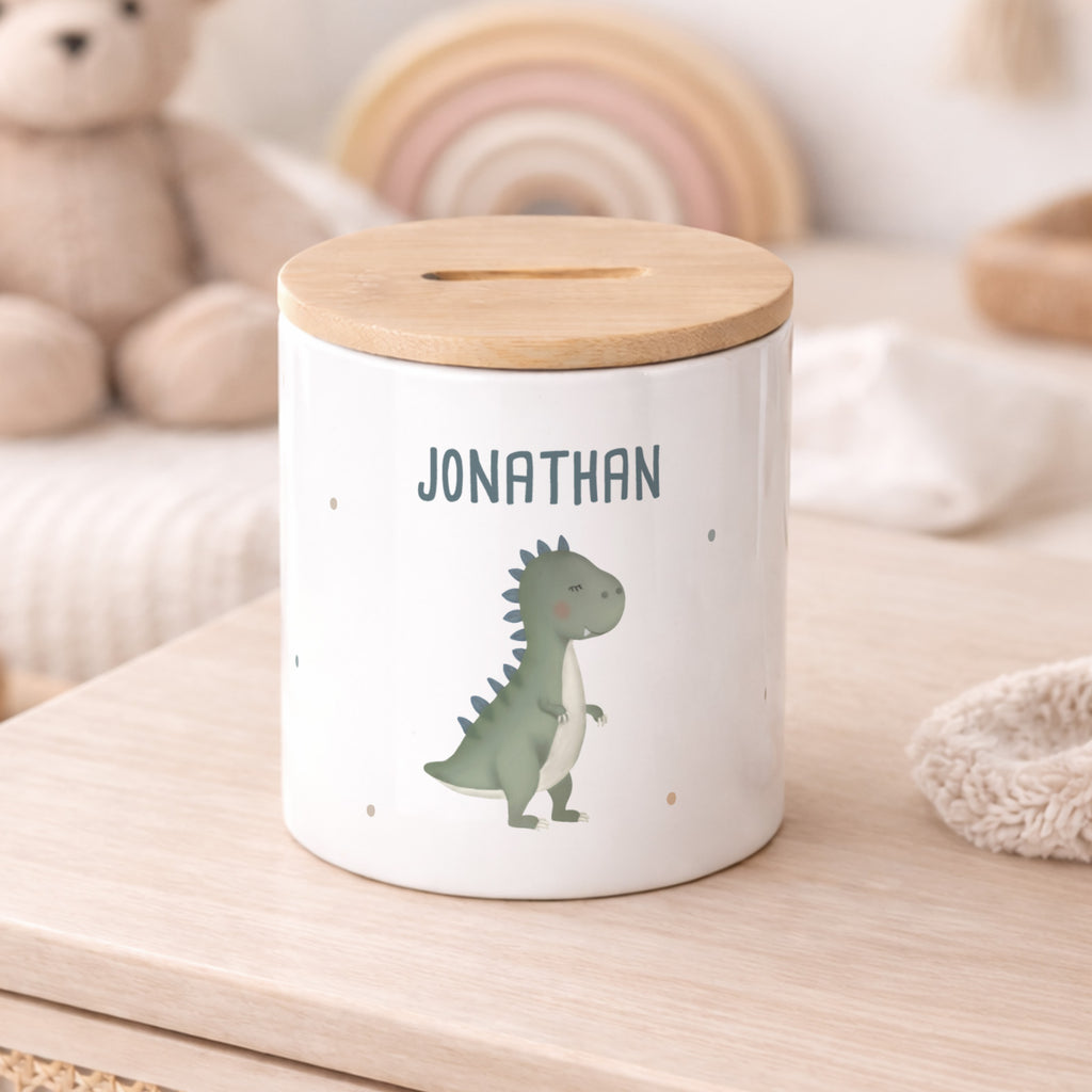 Keramik-Spardose mit Bambus-Deckel für Kinder "T-Rex"