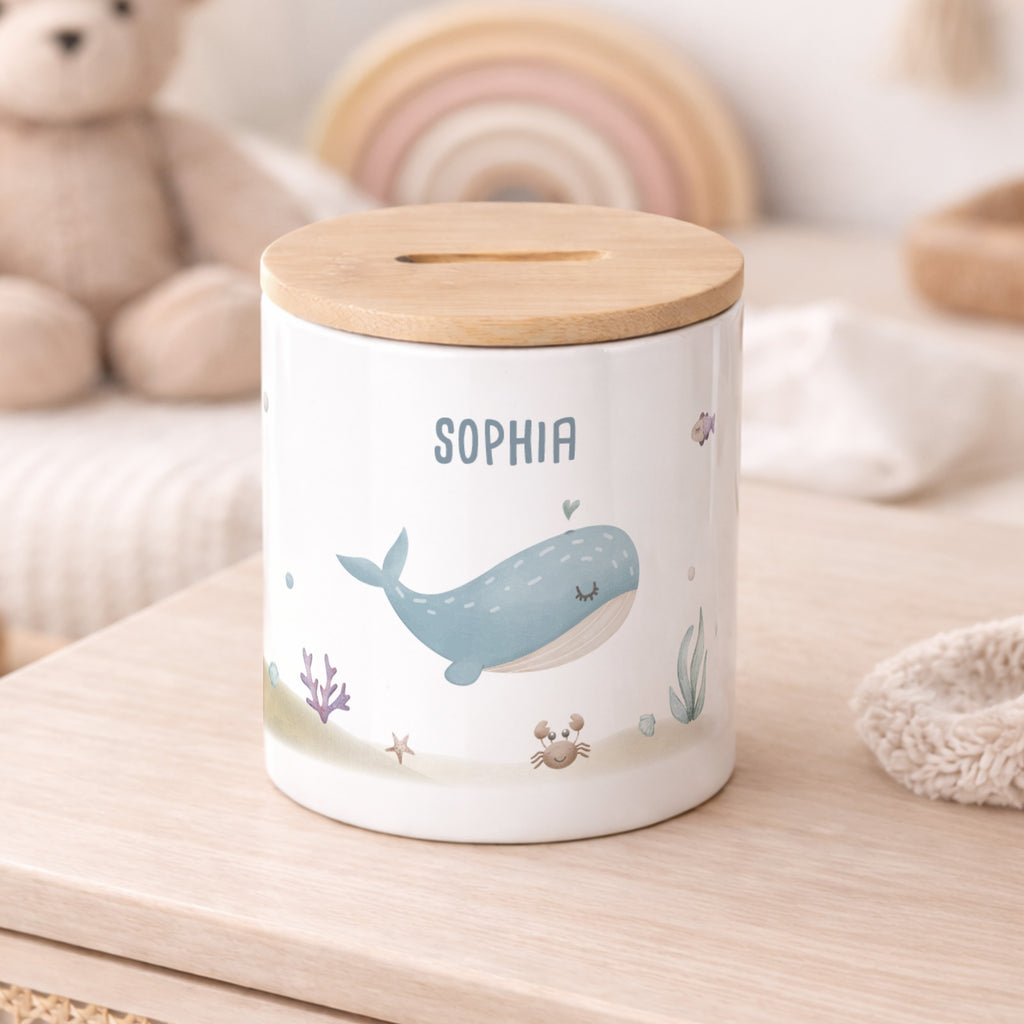 Keramik-Spardose mit Bambus-Deckel für Kinder "Wal"