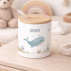 Keramik-Spardose mit Bambus-Deckel für Kinder "Wal"