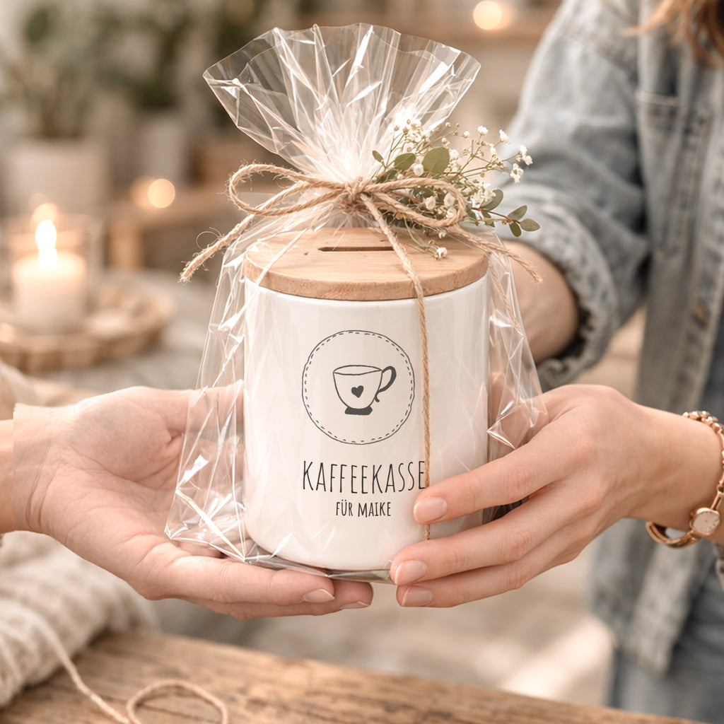 Keramik-Spardose mit Bambus-Deckel für Erwachsene "Kaffeekasse Kreis"