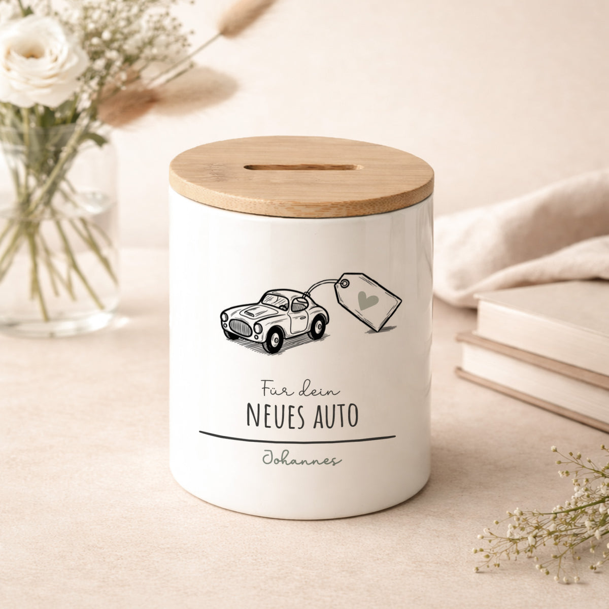 Keramik-Spardose mit Bambus-Deckel für Erwachsene "Neues Auto"