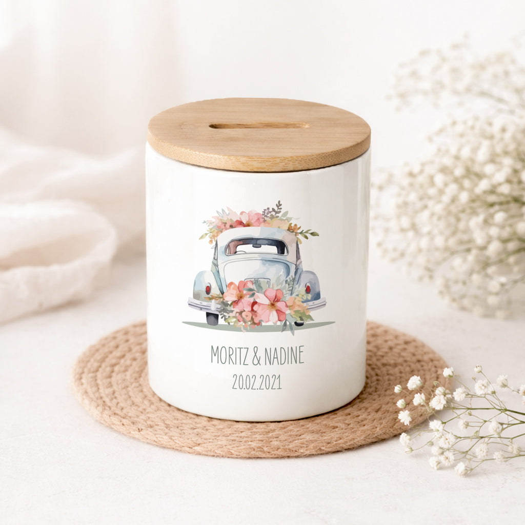 Keramik-Spardose mit Bambus-Deckel für Erwachsene "Just Married"