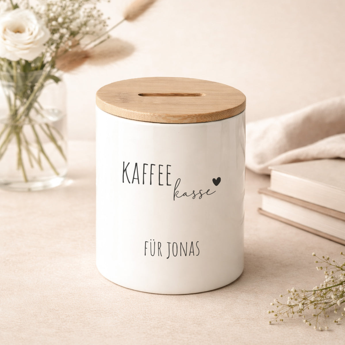 Keramik-Spardose mit Bambus-Deckel für Erwachsene "Kaffeekasse Grafisch"