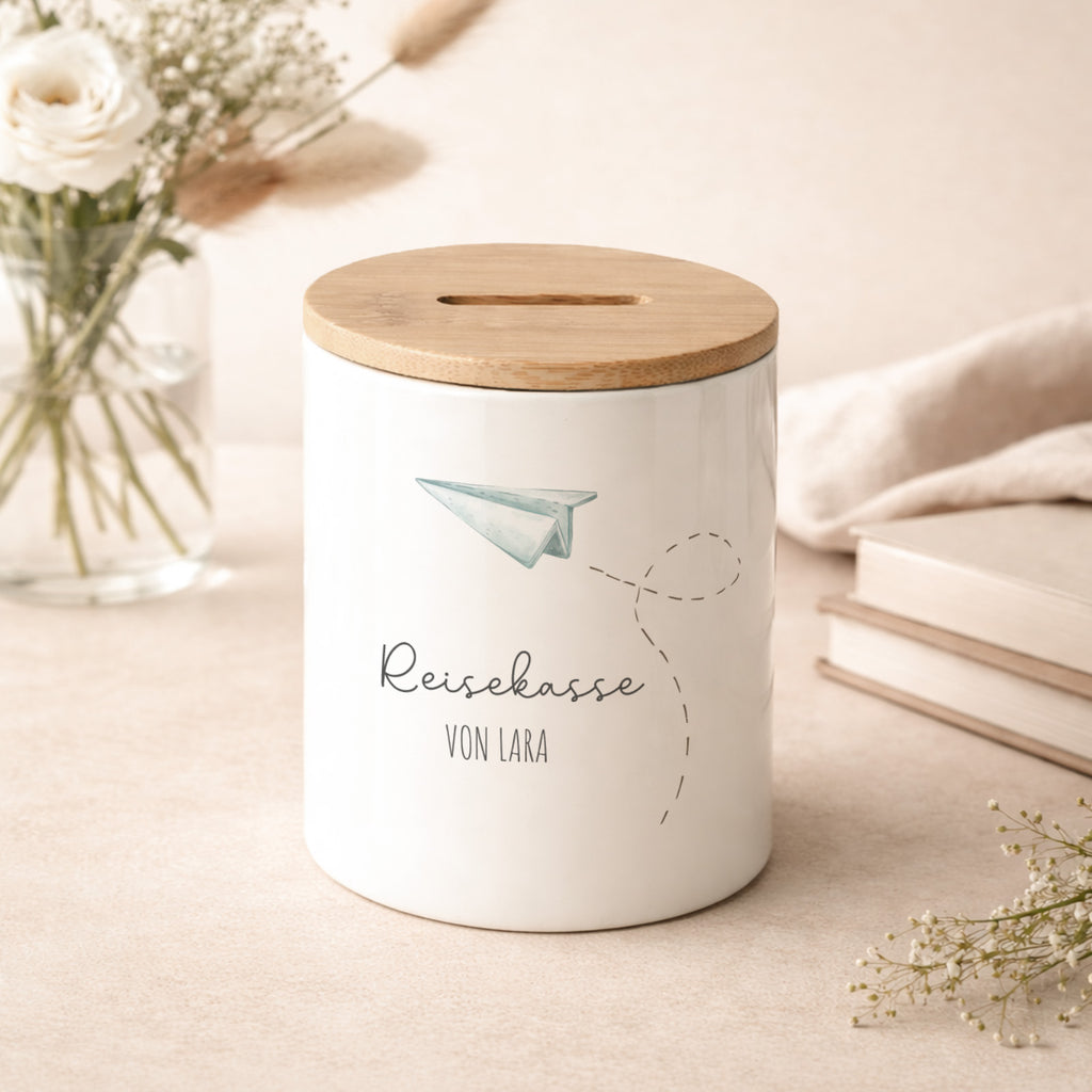 Keramik-Spardose mit Bambus-Deckel für Erwachsene "Reisekasse Papierflieger"