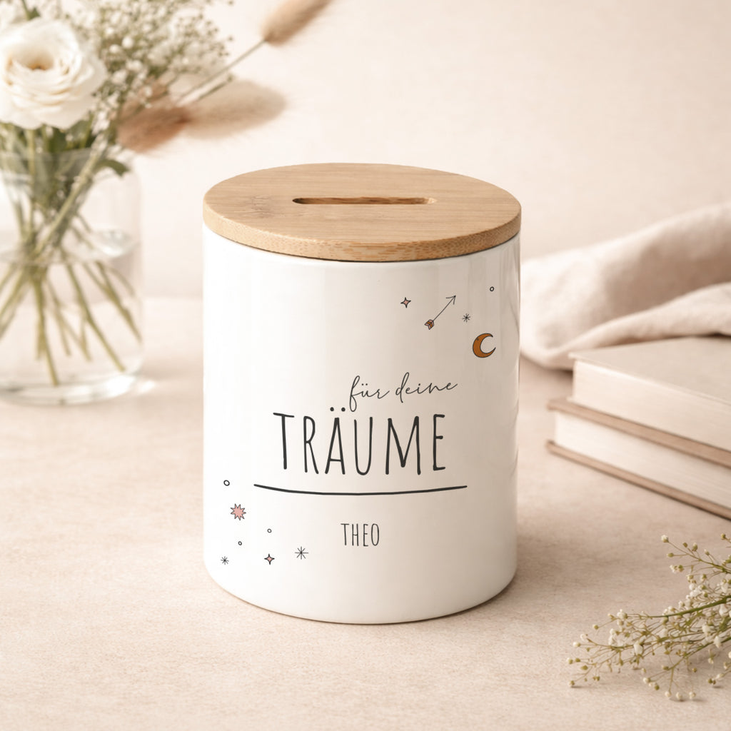 Keramik-Spardose mit Bambus-Deckel für Erwachsene "Träume"
