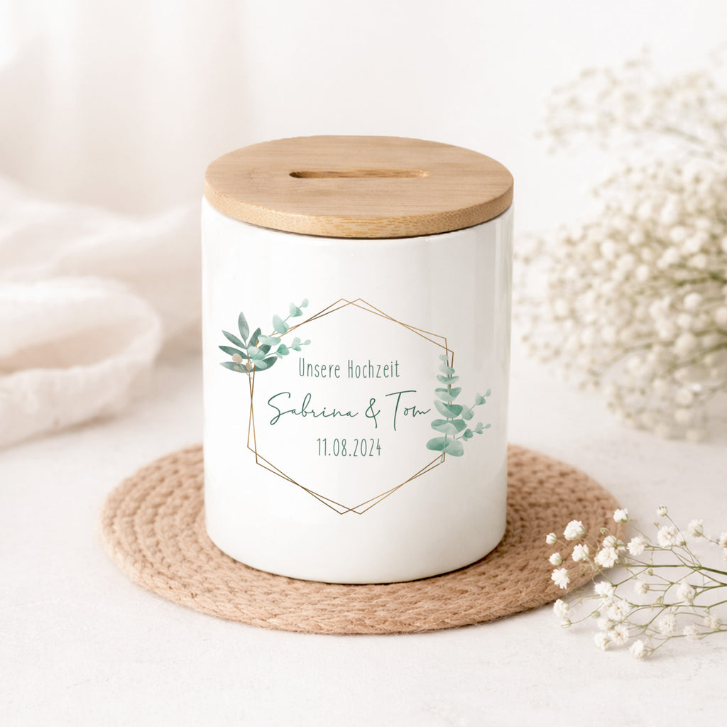 Keramik-Spardose mit Bambus-Deckel für Erwachsene "Eukalyptus Grafisch"