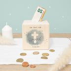 Personalisierte Holzspardose Taufgeschenk "Kreuz Blau" Aquarell