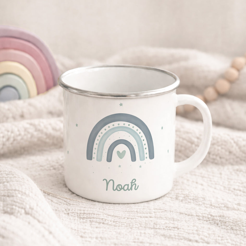 Emaille-Tasse „Regenbogen Blau“ personalisiert Sublimation