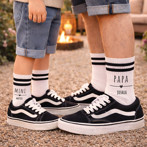 3er-Socken-Set „Mama, Papa, Mini“ – Dünne Schrift mit Herz – personalisiert Sublimation