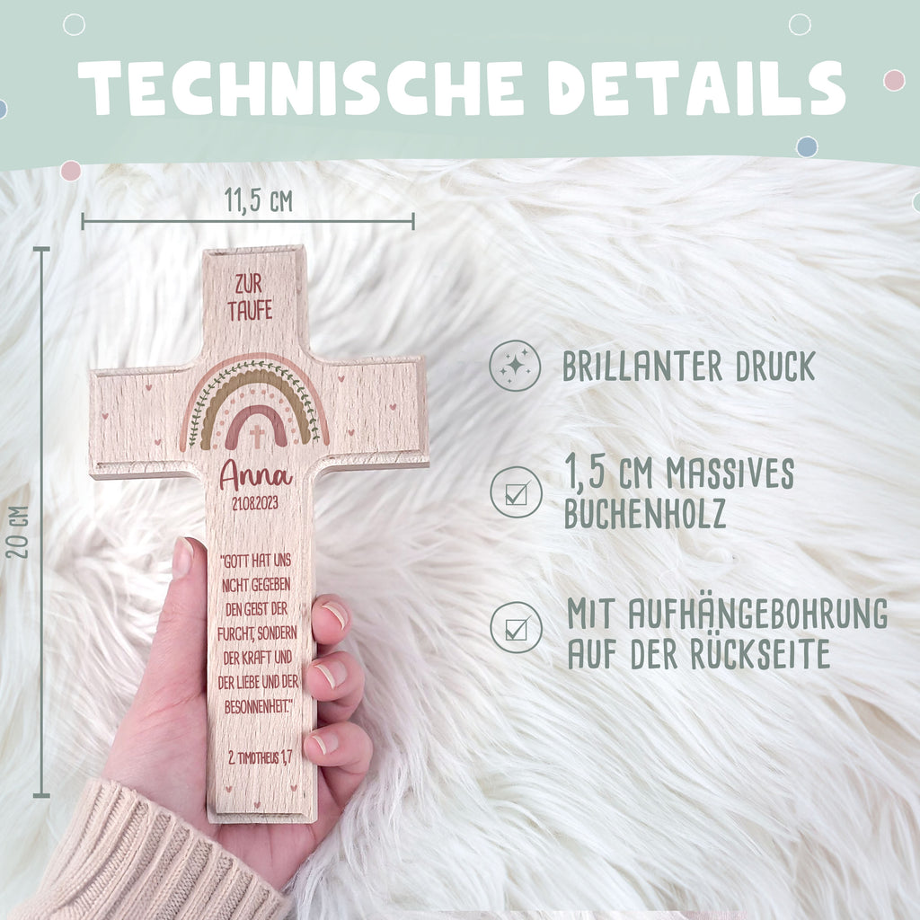 Personalisiertes Taufkreuz Aquarell "Regenbogen Rosa"