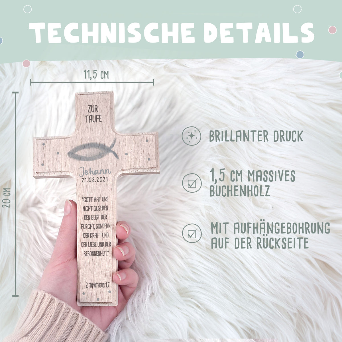 Personalisiertes Taufkreuz Aquarell "Fisch"