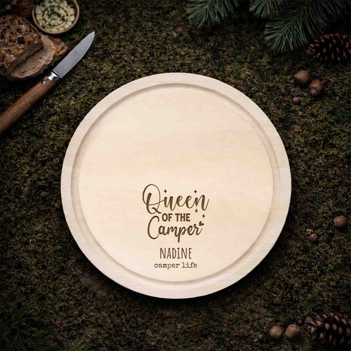 Frühstücksbrettchen mit Messer „Camping“ personalisiert Gravur
