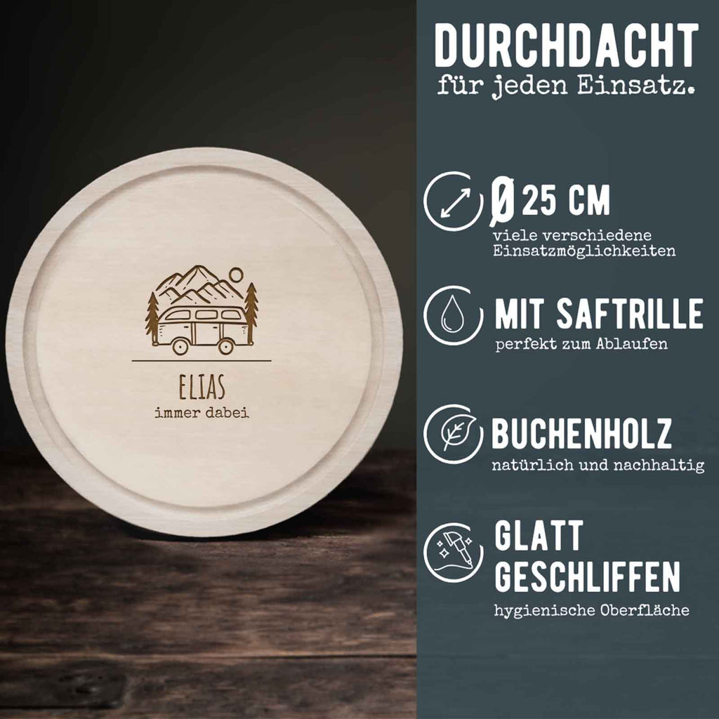 Frühstücksbrettchen rund Buche „Camping“ personalisiert Gravur