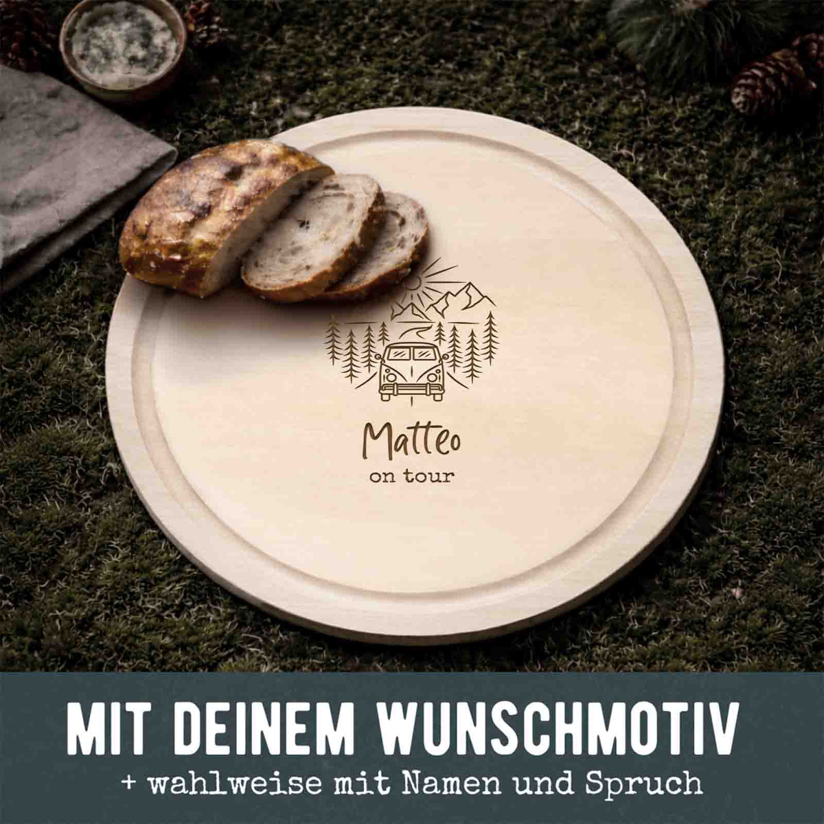 Frühstücksbrettchen rund Buche „Camping“ personalisiert Gravur