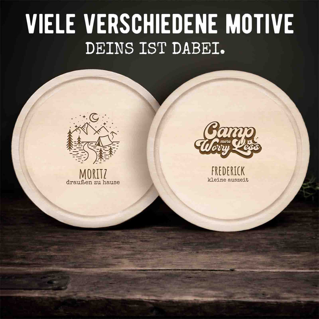 Frühstücksbrettchen rund Buche „Camping“ personalisiert Gravur