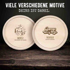 Frühstücksbrettchen rund Buche „Camping“ personalisiert Gravur
