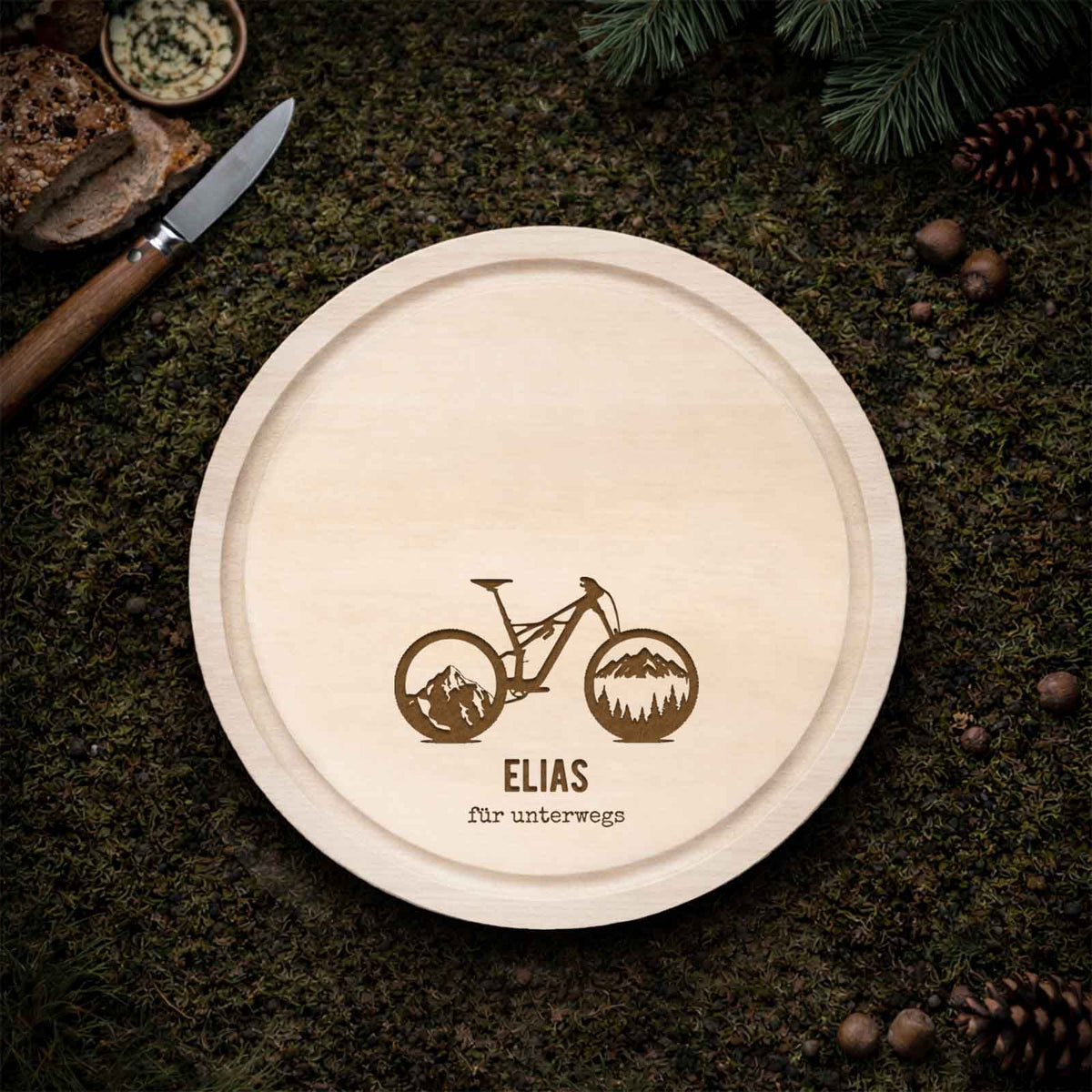 Frühstücksbrettchen rund Buche „Mountainbike“ personalisiert Gravur