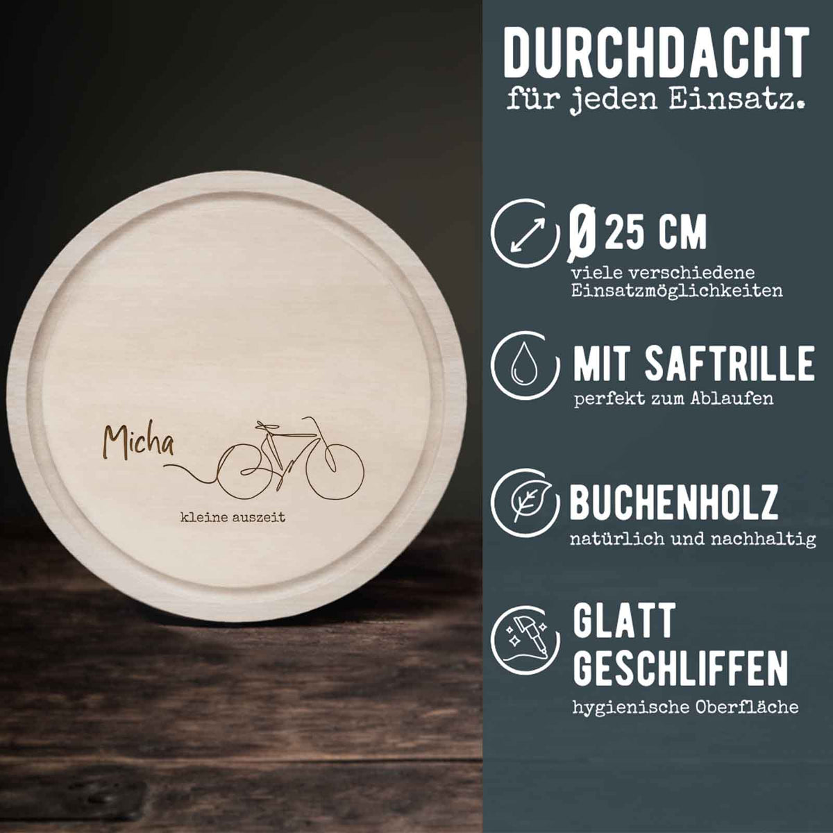 Frühstücksbrettchen rund Buche „Rennrad“ personalisiert Gravur