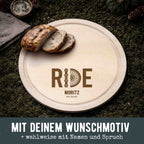 Frühstücksbrettchen rund Buche „Rennrad“ personalisiert Gravur