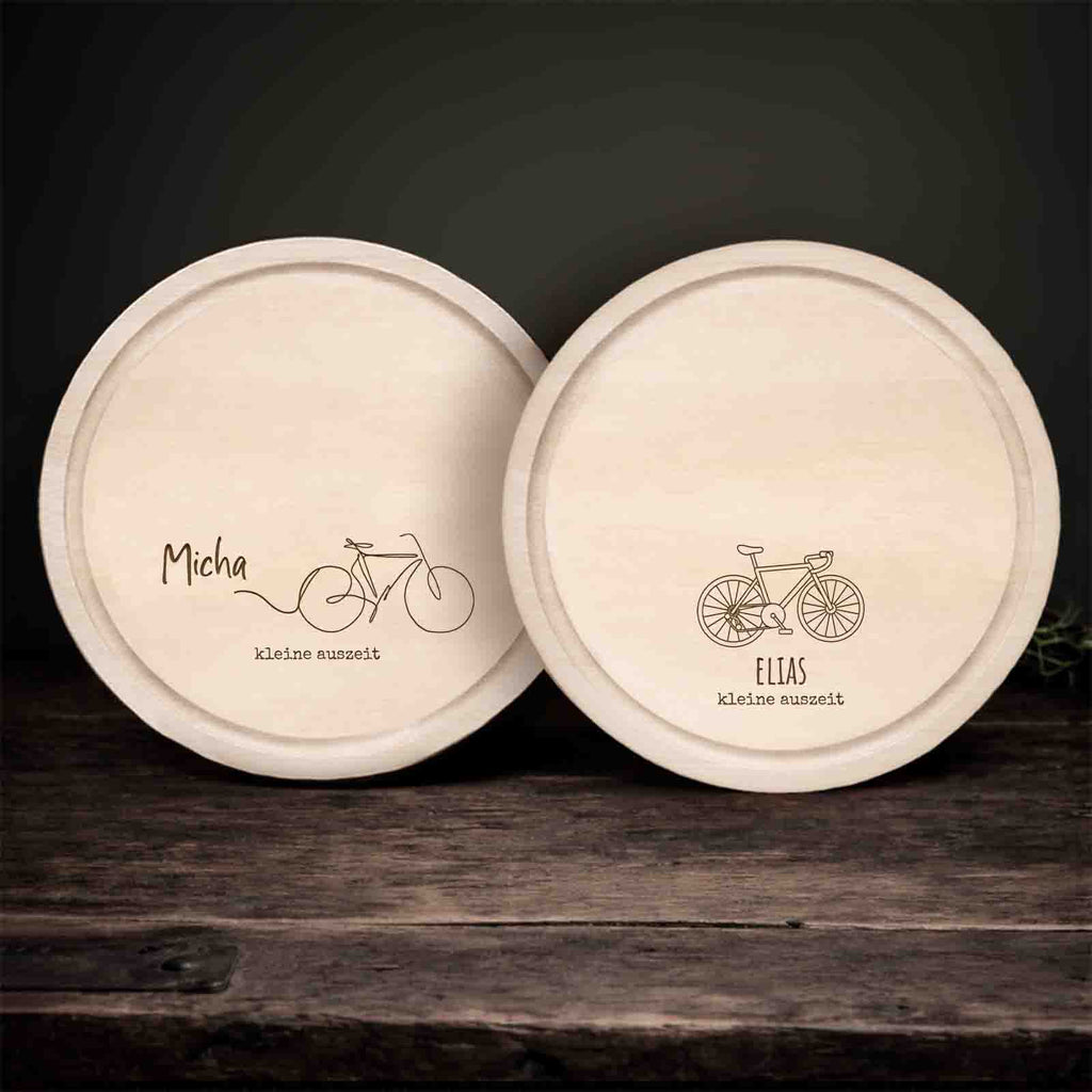 Frühstücksbrettchen rund Buche „Rennrad“ personalisiert Gravur