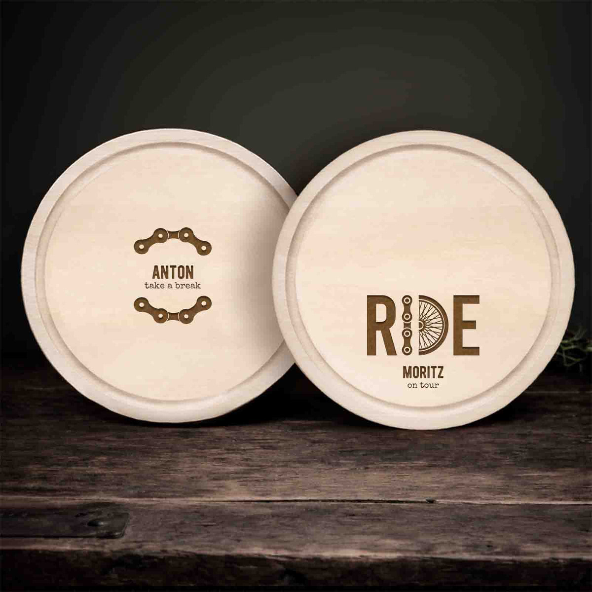 Frühstücksbrettchen rund Buche „Rennrad“ personalisiert Gravur